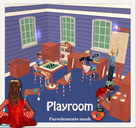 Sims 2 — evi Play Room by evi — Playroom with toy box, chess, an easel, a tea set, a bookcase and a ...kitchen for your