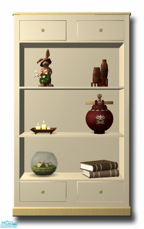 Sims 2 — Beach House Shelving Unit 2-Tile by simtomatic — Two-tile shelving unit with 6 slots - lots of decoarations.