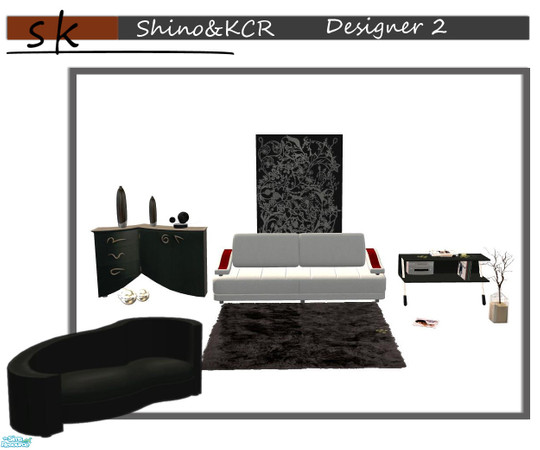 Sims 2 — Designer 2 by ShinoKCR — Includes 2 Sofas, 2 Sideboards, 2 Vases, Decobowl, Stake of Musicalbums, Single
