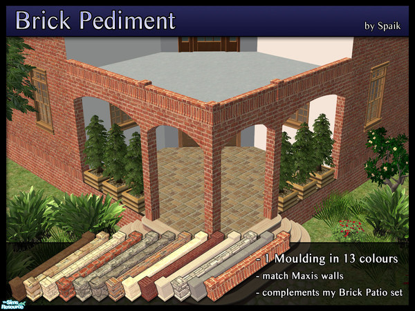 Sims 2 — Brick Pediment Set by Spaik — Low mouldings, matching Maxis walls, made to complement my Brick Patio set.