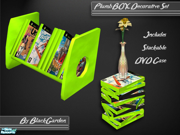 Sims 2 — PlumbBOX Decorative Items by BlackGarden — Some decorative items for the PlumbBOX. The stackable DVD/game cases