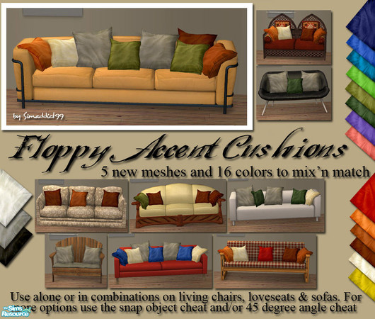 Sims 2 — Floppy Accent Cushions by Simaddict99 — set of 5 new cushion meshes. Will work with almost any sofa, loveseat or
