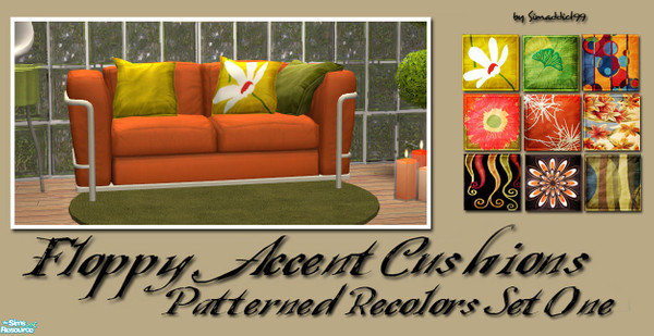 Sims 2 — Floppy Accent Cushions RC set 1 by Simaddict99 — vibrant, modern print cushion recolors. Files will recolor all