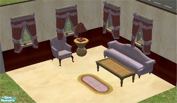 Sims 2 — tams tc 101 set by tambriah — wall, floor, couch, chair, rug, curtains, coffee table, end table, lamp created