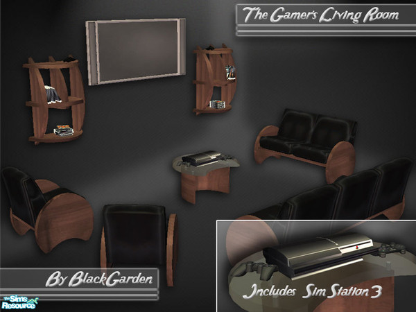 Sims 2 — The SimStation 3 Living Room by BlackGarden — This set includes a base-game compatible SimStation 3 console,