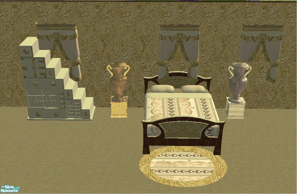 Sims 2 — tams TC 103 set by tambriah — wall, floor, bed, bedding, dresser, statue 1, statue 2, curtains, & a rug
