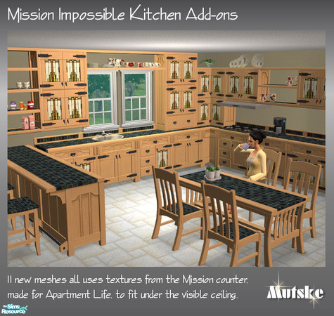Sims 2 — Mission Impossible Kitchen Add-ons by Mutske — Set of 11 new meshes and 4 recolors, all uses texture and