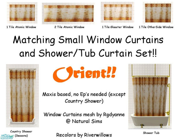 Sims 2 — Orient Bathroom Set by Riverwillows — A matching set of small window, tub, and shower curtains, in a lovely