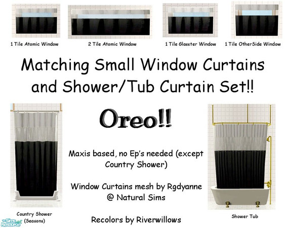 Sims 2 — Oreo Bathroom Set by Riverwillows — A matching set of small window, tub, and shower curtains, in classic black