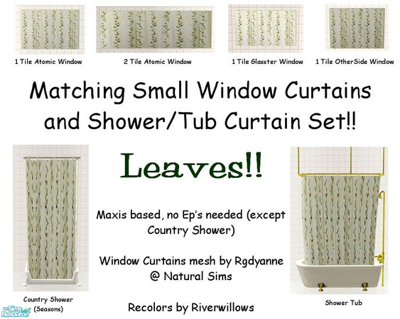 Sims 2 — Leaves Bathroom Set by Riverwillows — A matching set of small window, tub, and shower curtains, featuring spring