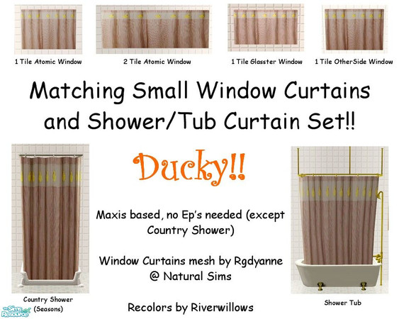Sims 2 — Ducky Bathroom Set by Riverwillows — A matching set of small window, tub, and shower curtains, featuring cute
