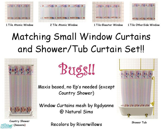 Sims 2 — Bugs Bathroom Set by Riverwillows — A matching set of small window, tub, and shower curtains, featuring cute