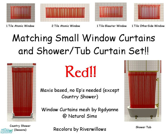 Sims 2 — Red Bathroom Set by Riverwillows — A matching set of small window, tub, and shower curtains, in basic black.