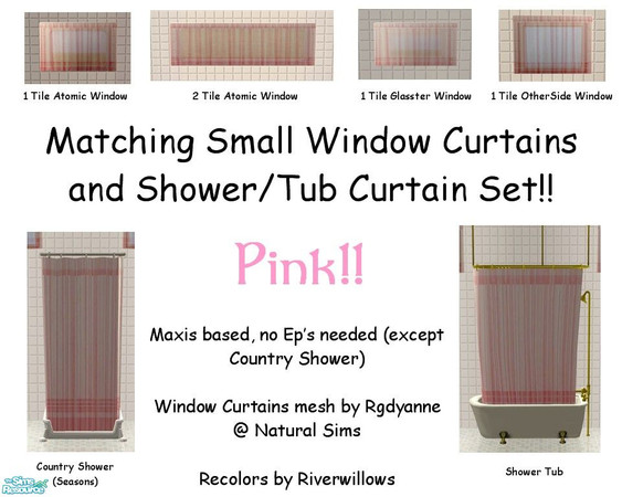 Sims 2 — Pink Bathroom Set by Riverwillows — A matching set of small window, tub, and shower curtains, in basic black.