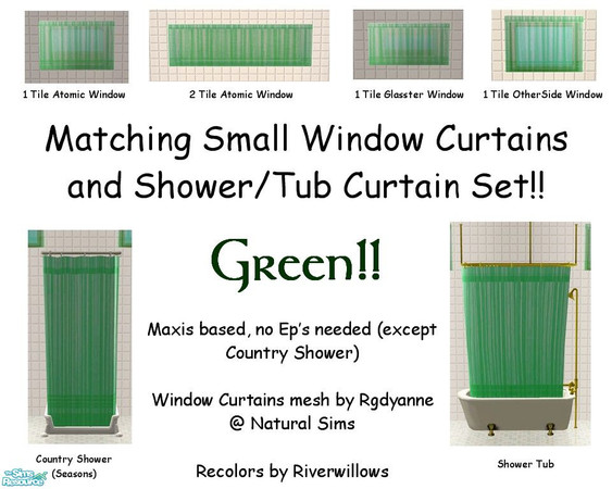 Sims 2 — Green Bathroom Set by Riverwillows — A matching set of small window, tub, and shower curtains, in basic black.