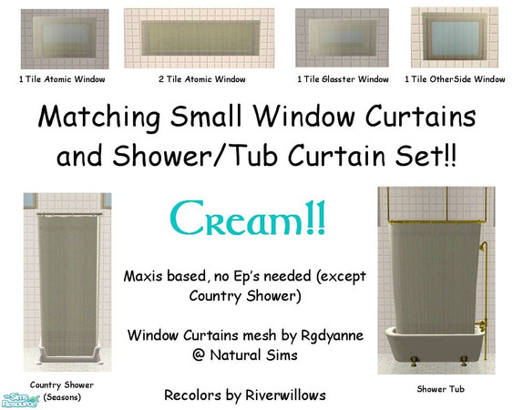 Sims 2 — Cream Bathroom Set by Riverwillows — A matching set of small window, tub, and shower curtains, in basic black.