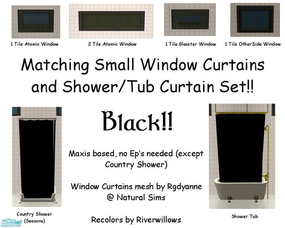 Sims 2 — Black Bathroom Set by Riverwillows — A matching set of small window, tub, and shower curtains, in basic black.