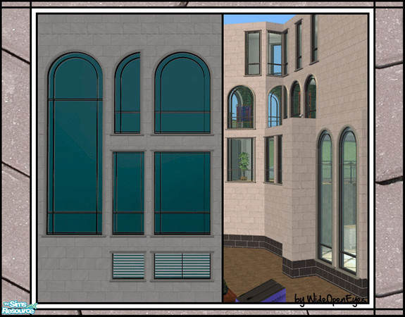 Sims 2 — Downtown Windows Set by wideopeneyes — A set with an urban, downtown look. Includes straight, diagonal, and a