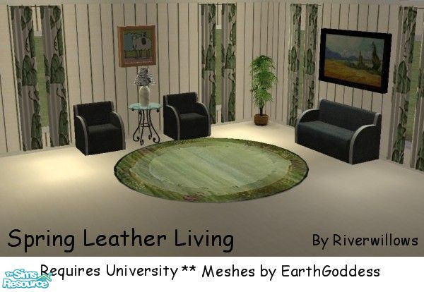 Sims 2 — Spring Leather Living by Riverwillows — Nice little living set, with black pebbled leather seating, and chrome