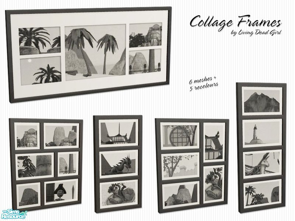 Sims 2 — Collage Photo Frames by Living Dead Girl — 1 master mesh, 5 slave meshes and 5 recolours. Frames are in black,