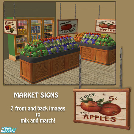 Sims 2 — Market Signs by Elena. — The 7 images can be mixed so that you\'ll have, for example, \"Peaches\" on