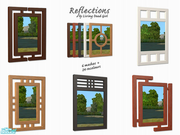 Sims 2 — Reflections: Modern Mirrors by Living Dead Girl — Six mirror meshes and 24 recolours in black, white, light