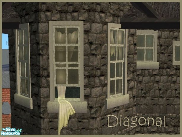 Sims 2 — Rowhouse Slum Tall open window with drape Diag by Cyclonesue — A shabby window in light and dark frame colours.