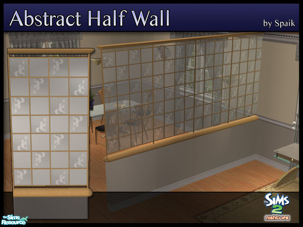 Sims 2 — Abstract Half Walls 08 by Spaik — This half wall has wooden top and bottom, and small stained glass panels with