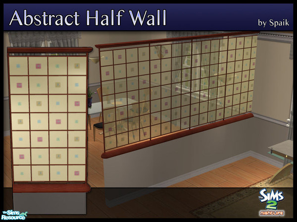 Sims 2 — Abstract Half Walls 13 by Spaik — This half wall has wooden top and bottom, and small stained glass panels with