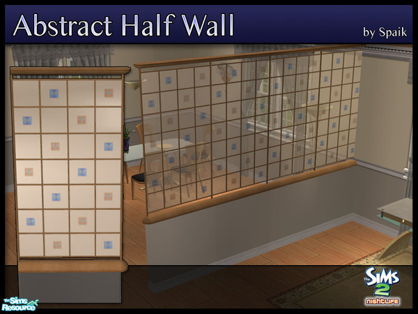 Sims 2 — Abstract Half Walls 14 by Spaik — This half wall has wooden top and bottom, and small stained glass panels with