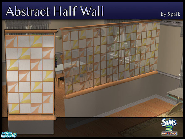 Sims 2 — Abstract Half Walls 01 by Spaik — This half wall has wooden top and bottom, and small stained glass panels with