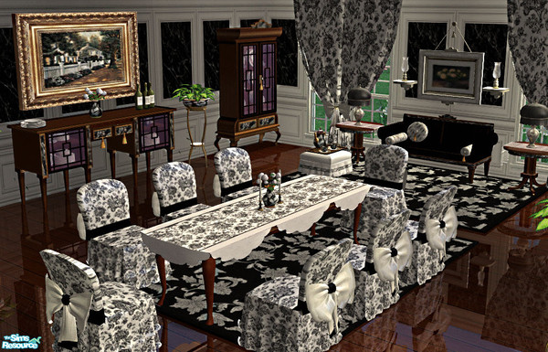 Sims 2 — Black and White Dining by lisa9999 — A dining set done in black and white toile.