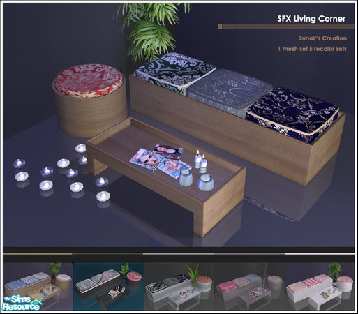 Sims 2 — SFX Dining Corner by Sunair — 1 mesh set (lightwood) and 5 recolor sets (black, blue, darkwood, nature and