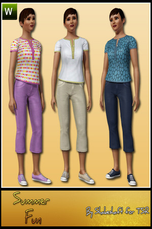 Sims 3 —  Summer Fun by Shakeshaft — A set consisting of a front buttoned T-Shirt and Capri Pants, ideal for Summer