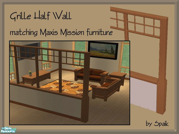 Sims 2 — Grille Half Wall Mission Medium Wood by Spaik — Another half wall with the grille pattern on the upper side,