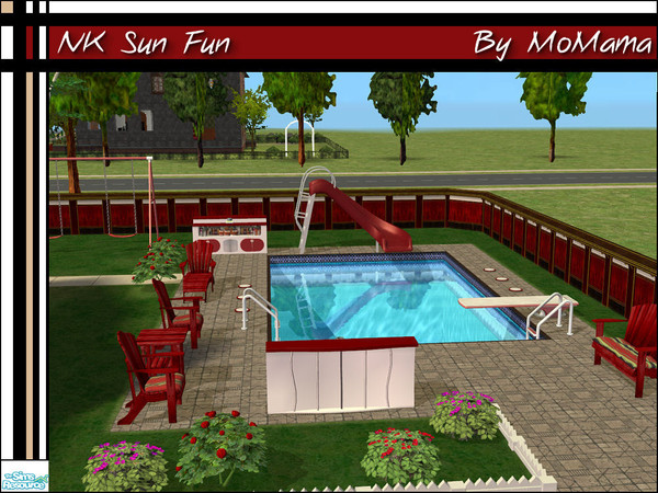 Sims 2 — NK Sun Fun by MoMama — A swimming and recreation area in a bold deep red.