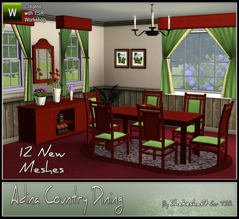 Sims 3 — Adina Country Dining by Shakeshaft — A Country Style Dining Set with 12 new meshes included are a Dining Table,