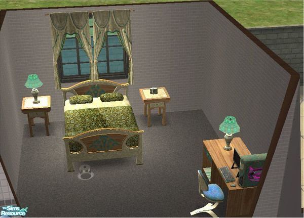 Sims 2 — TC 151 set by tambriah — alarm clock, bed, bedding, desk, desk chair, computer, end table, table lamp, &