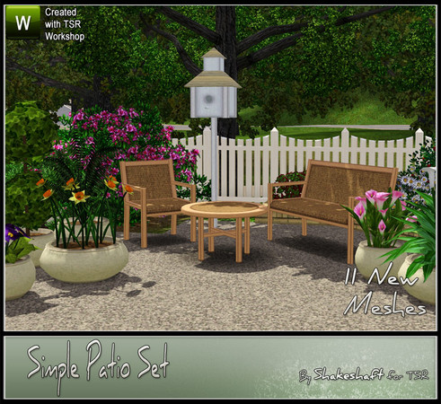 Sims 3 — Simple Patio Set by Shakeshaft — A Simple Patio Set consisting of a Bench, Chair, Lounger and Coffee Table also