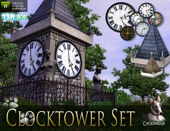 Sims 3 — Clock Tower Build Set by Cyclonesue — 4 new meshes (in 1-tile and 2-tile sizes) for making clock towers. CLOCKS: