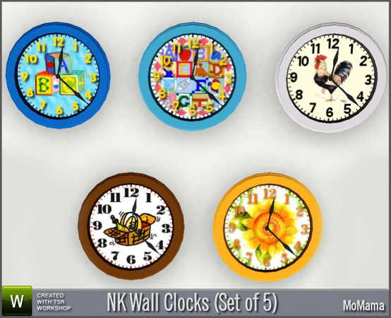 Sims 3 —  NK Wall Clocks by MoMama — A set of wall clocks for your Sims to enjoy. The rooster and kids room clocks