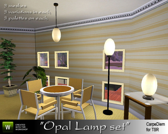 Sims 3 — CD_Opal Lamp Set by TSR Archive — 3 lamps, a floorlamp, a ceilinglamp and a table lamp all eggshaped. Gives a