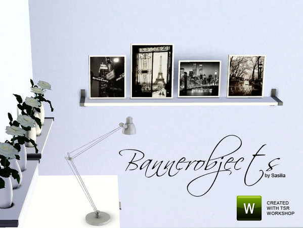 Sims 3 — Bannerobjects by Sasilia — set contains: shelf with paintings, shelf with roses and a table-lamp