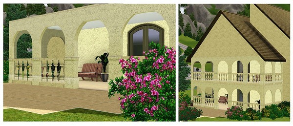 Sims 3 — Tuscany Veranda Set by Dgandy — Made from cloned arch and window. Build a wall and place the railing and arch in