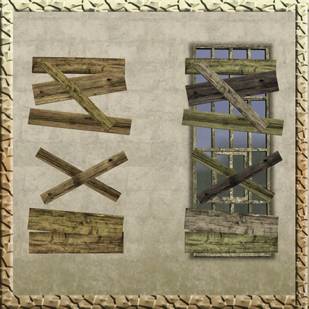 Sims 3 — Factory Plank Boards by Cyclonesue — To fit Factory Windows - a boarding made of chopped planks. By Cyclonesue