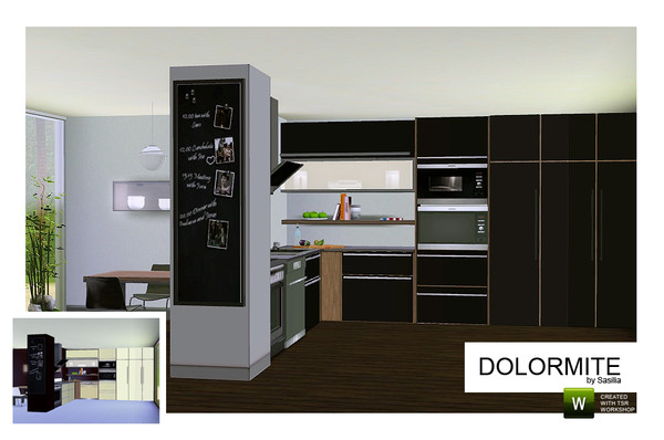 Sims 3 — Dolormite Kitchen by Sasilia — Set contains: 2 counters, 2 cabinets, chair, column, cookerhood, lamp, microwave,