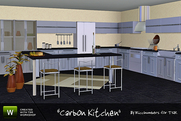 Sims 3 — Carbon Kitchen by TheNumbersWoman — A Rather large and detailed Kitchen for your Modern Sims. As I soooo love to