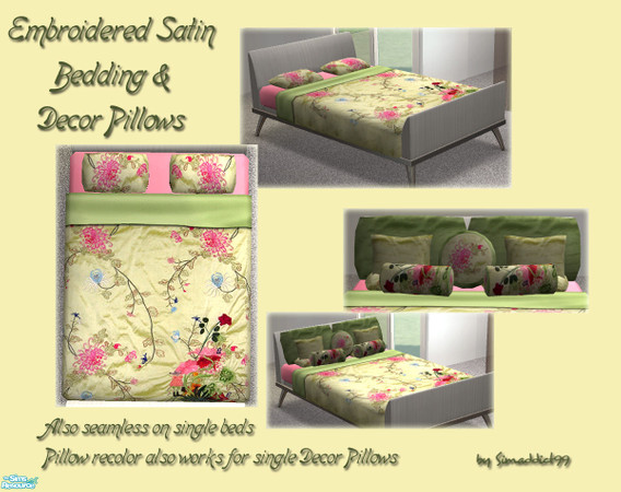 Sims 2 — Embroidered Bedding Green Set by Simaddict99 — Luxurious, soft green silk bedding covered in pink embroidered