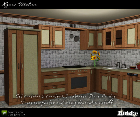 Sims 3 — Nyssa Kitchen by Mutske — Set of 13 new meshes. This set contains 2 counters, 3 cabinets, fridge, stove,