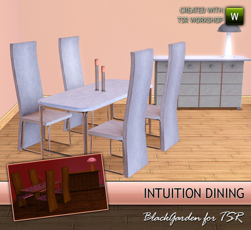 Sims 3 — Intuition Dining by BlackGarden — A sleek modern dining set with "centrepiece" chairs.